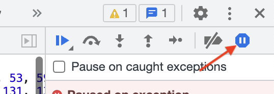 Captura de pantalla que muestra dónde está la 'pausa en excepciones' en las DevTools.