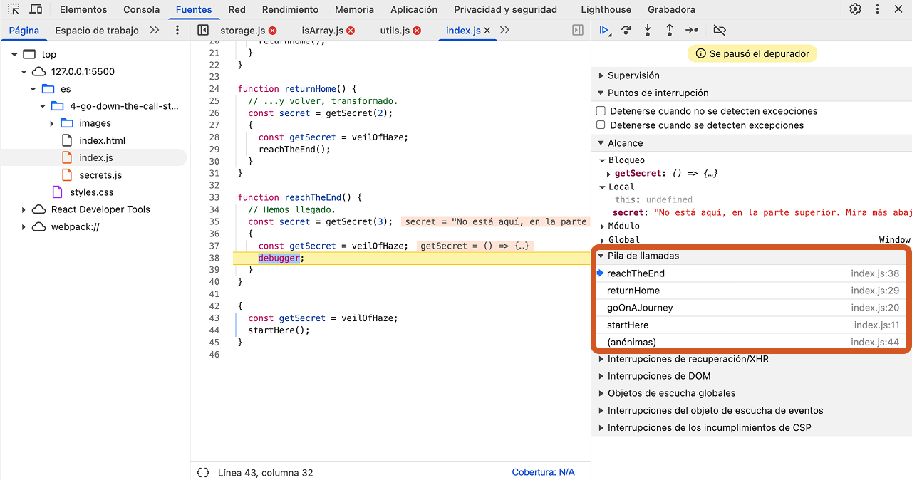 Captura de pantalla que muestra dónde está la Call Stack en las herramientas de desarrollo