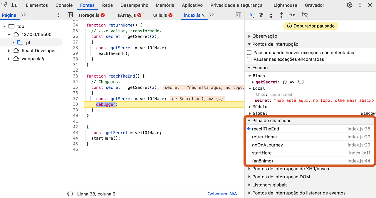 captura de tela mostrando onde a 'Pilha de chamadas (Call Stack)' está no DevTools